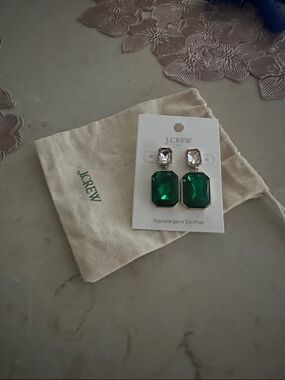 J. Crew Green and Clear Crystal Drop Earrings